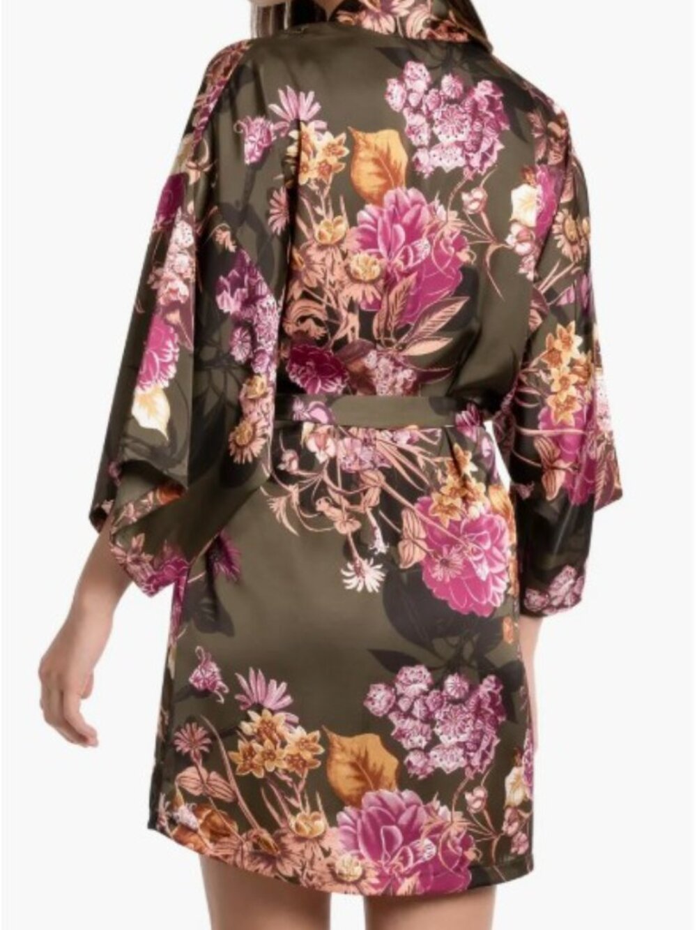 Midnight Bakery Women's Green Vert Floral Satin Robe Rich XS/S Bold Flowers - Picture 3 of 5